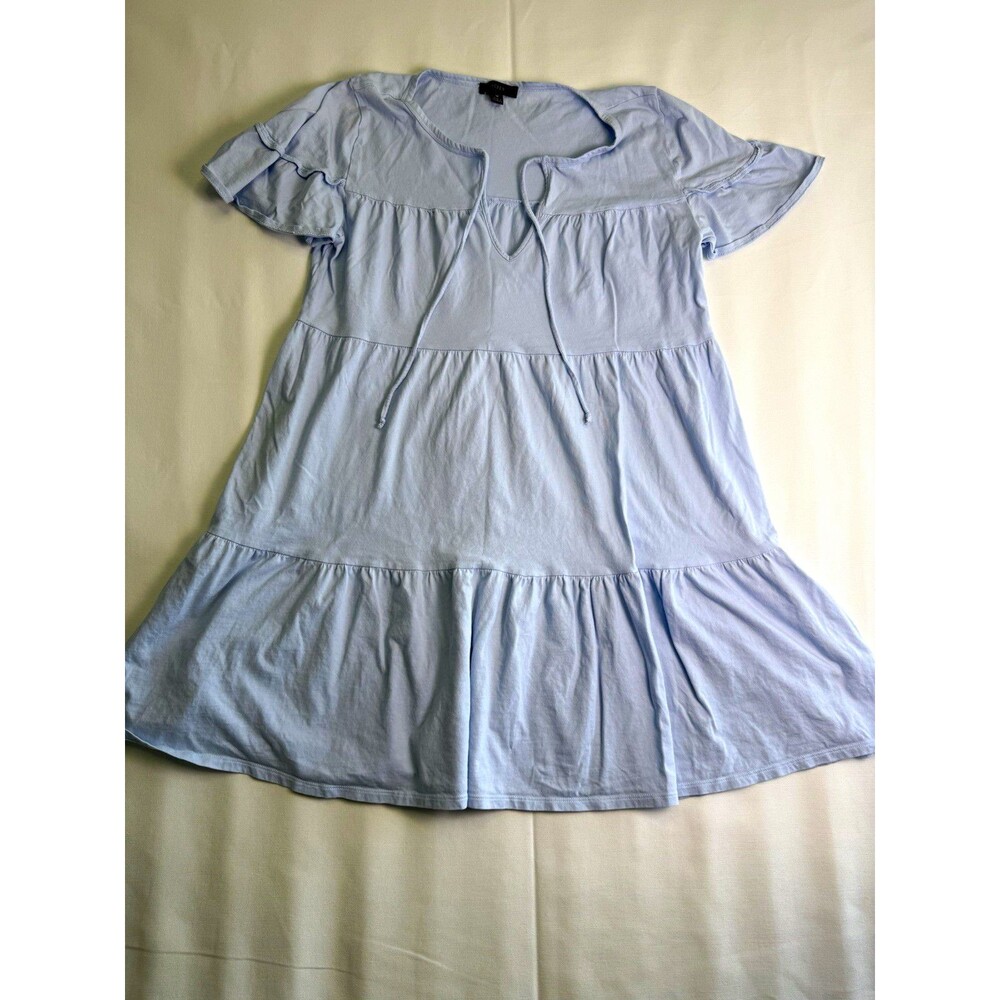 J.CREW Blue Solid V-Neck Ruffle Sleeve Jersey A-Line Short Dress Cotton M
